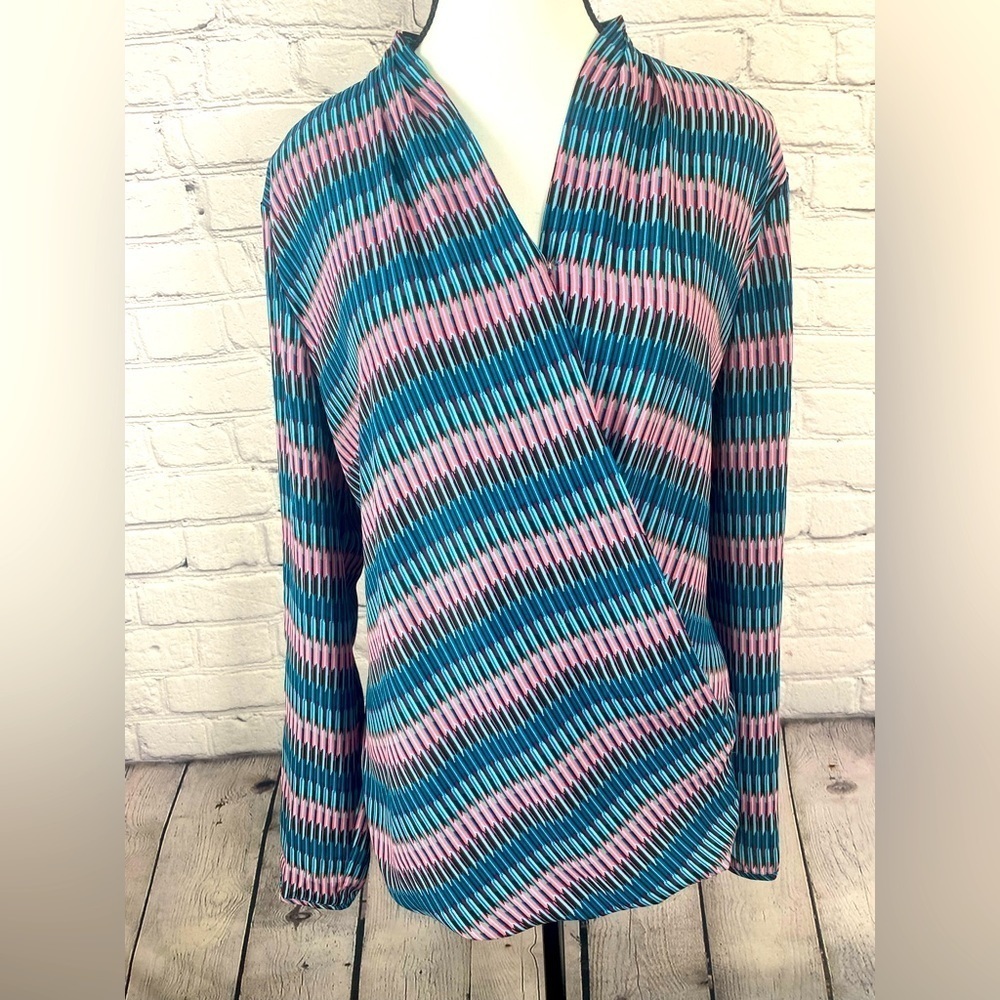 Talbots Wrap Blouse Geometric Pink & Blue Long Sleeved V Neck size 12 Fits Large